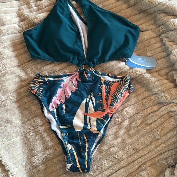 Brand New One Shoulder Swimsuit O-Ring Waist Bra Cup Green Tropical High Waist - Picture 6 of 14